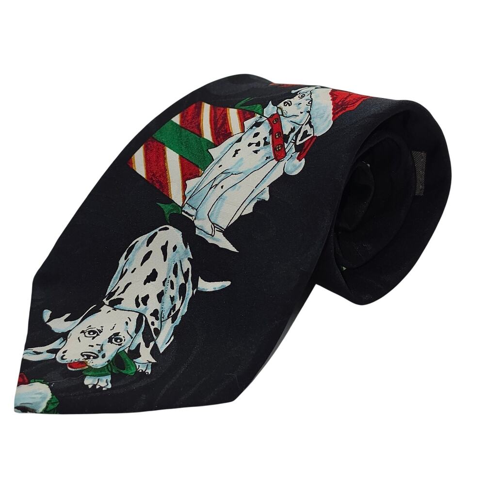 Addiction Dalmatian Puppy Dogs Santa Hat Christmas Polyester Mens Tie Vintage